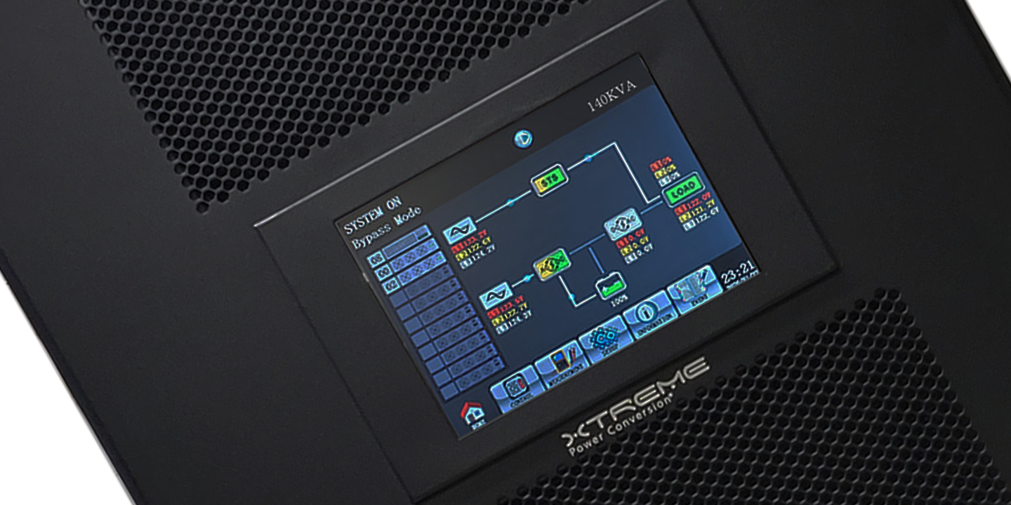Xtreme Power X90 modular 480V three-phase UPS with 10-inch touchscreen showing the system one-line diagram